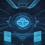 Eine futuristische Kommandozentrale mit einer leuchtenden holografischen Oberfläche und einem digitalen Gehirn, das komplexe Datenströme und Aufgaben vernetzt darstellt.
