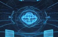 Eine futuristische Kommandozentrale mit einer leuchtenden holografischen Oberfläche und einem digitalen Gehirn, das komplexe Datenströme und Aufgaben vernetzt darstellt.