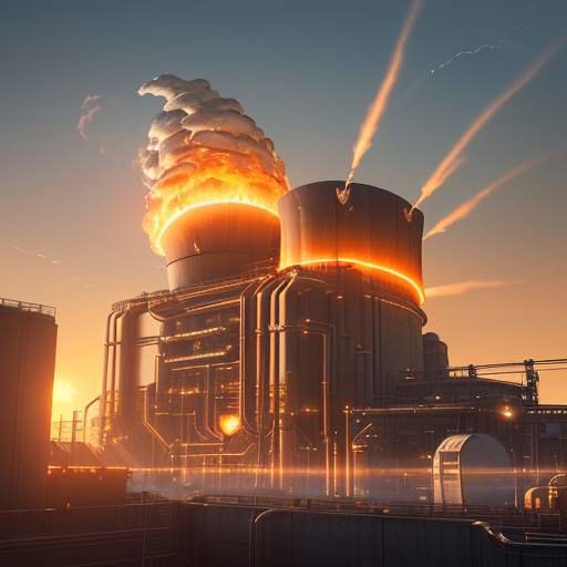Eine futuristische Kraftwerksanlage mit einem leuchtenden Fusionsreaktor und industriellen Elementen vor einer Stadtkulisse bei Sonnenuntergang.