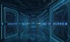 Eine futuristische, leuchtende digitale Pipeline in einem dunklen Cyberspace, die durch fließende goldene Datenströme und pulsierende blaue Energieportale eine sichere, vernetzte Datenstruktur visualisiert.