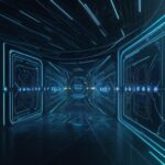 Eine futuristische, leuchtende digitale Pipeline in einem dunklen Cyberspace, die durch fließende goldene Datenströme und pulsierende blaue Energieportale eine sichere, vernetzte Datenstruktur visualisiert.