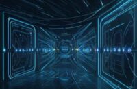 Eine futuristische, leuchtende digitale Pipeline in einem dunklen Cyberspace, die durch fließende goldene Datenströme und pulsierende blaue Energieportale eine sichere, vernetzte Datenstruktur visualisiert.