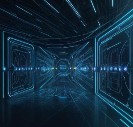 Eine futuristische, leuchtende digitale Pipeline in einem dunklen Cyberspace, die durch fließende goldene Datenströme und pulsierende blaue Energieportale eine sichere, vernetzte Datenstruktur visualisiert.