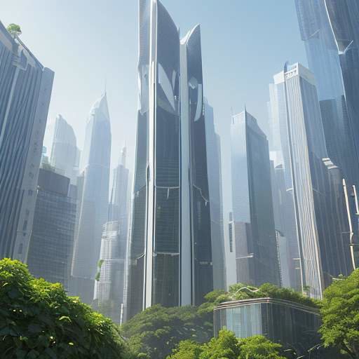 Eine futuristische, nachhaltige Stadt mit weißen Hochhäusern, vertikalen Gärten und Windkraftanlagen, wobei eine digitale Anzeige ein Blatt in ein neuronales Netzwerk verwandeln lässt.