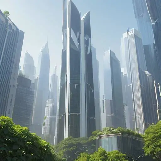 Eine futuristische, nachhaltige Stadt mit weißen Hochhäusern, vertikalen Gärten und Windkraftanlagen, wobei eine digitale Anzeige ein Blatt in ein neuronales Netzwerk verwandeln lässt.
