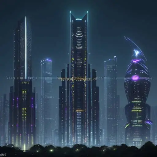 Eine futuristische Skyline bei Nacht mit vertikalen Gärten und leuchtenden Energielinien, die das harmonische Zusammenspiel von moderner Technologie und nachhaltiger Energie visualisiert.