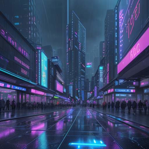 Eine futuristische Stadtlandschaft bei Nacht mit Neonlichtern, holografischen Werbeanzeigen und fliegenden Fahrzeugen, die eine hochtechnologische Welt und leistungsstarke Grafiksimulationen symbolisiert.