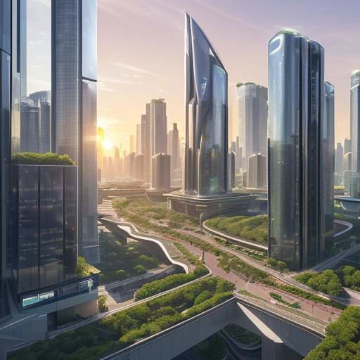 Eine futuristische Stadtlandschaft bei Sonnenaufgang mit modernen Wolkenkratzern, vertikalen Gärten und Solarpaneelen sowie einem hochmodernen Verkehrsknotenpunkt im Vordergrund.
