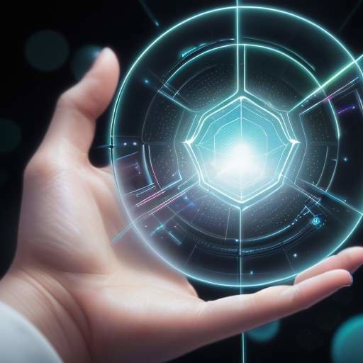 Eine Hand interagiert mit einer futuristischen holografischen Benutzeroberfläche über einer Glasoberfläche, die haptisches Feedback visualisiert.