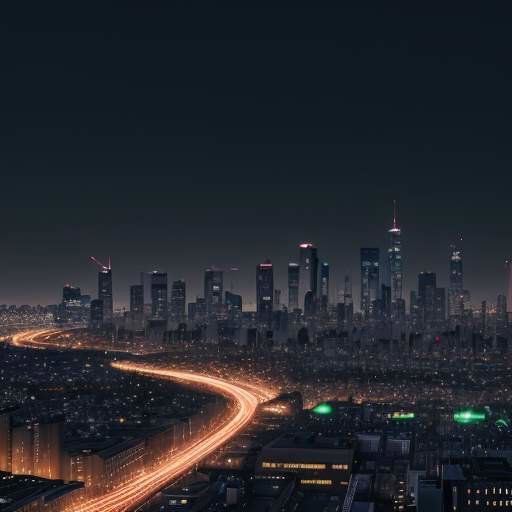 Eine moderne Skyline bei Nacht mit leuchtenden digitalen Linien, die eine vernetzte und effiziente Infrastruktur für Innovationen symbolisieren.