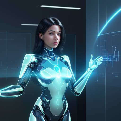 Eine professionelle Frau und eine leuchtende KI-Figur aus Lichtpartikeln arbeiten gemeinsam an einem holografischen Display und analysieren Daten in einem modernen Büro.