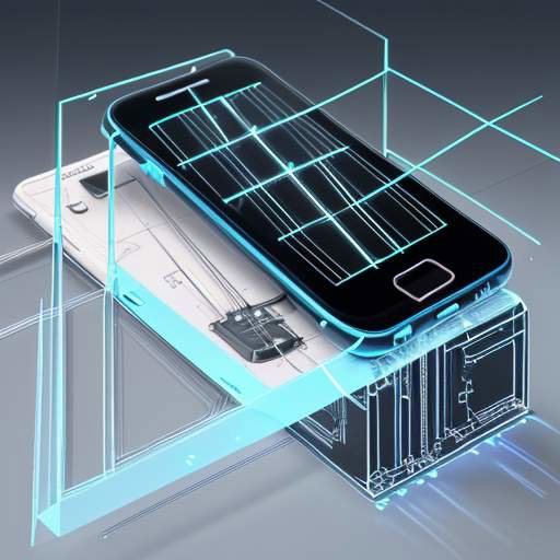 Explosionszeichnung eines Smartphone-Displays, die die Schichten Glas, leitfähiges Gitter, Isolierschicht und OLED-Panel zeigt, wobei neonblaue Linien die elektrischen Pfade im kapazitiven Sensor hervorheben.