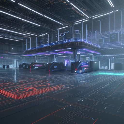 Futuristisches Logistikzentrum mit autonomen Robotern und einer holografischen Weltkarte, die digitale Datenströme und Lieferpfade visualisiert.