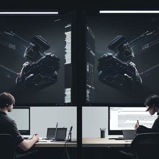 Geteiltes Bild: Links ein Entwickler tippt in eine moderne IDE, rechts ein dunkler Hacker beobachtet, wie Code sich in polymorphe Malware verwandelt, in neongrünem und rotem Licht.