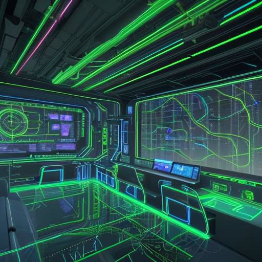 Ingenieure in einem futuristischen Labor untersuchen ein leuchtendes, holografisches 3D-Modell eines städtischen Stromnetzes in Neonfarben.