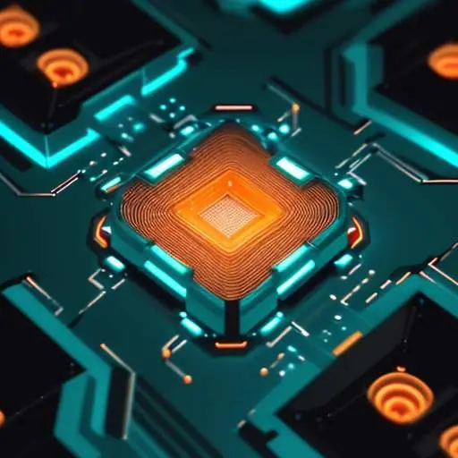 Makroaufnahme einer hochmodernen 3D-gestapelten Chip-Architektur in einem Labor, die durch leuchtende Verbindungen zwischen den Siliziumschichten und detaillierte metallische Strukturen die intelligente Vernetzung von Hardware-Komponenten visualis…