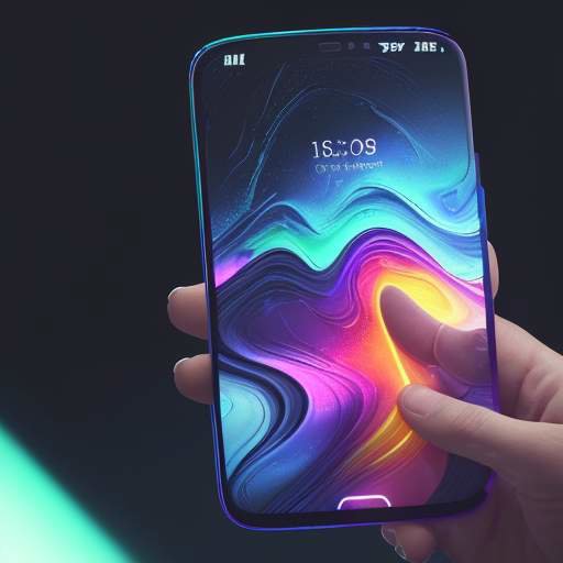 Makroaufnahme eines futuristischen, leicht gebogenen Smartphone-Displays mit leuchtenden Micro-LEDs und einem farbenfrohen abstrakten Gemälde auf hochauflösenden Pixeln.