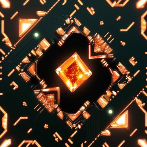 Makroaufnahme eines hochtechnologischen GPU-Chips auf einer Platine mit leuchtenden goldenen Schaltkreisen und kristallinen Strukturen vor einem dunklen Hintergrund.