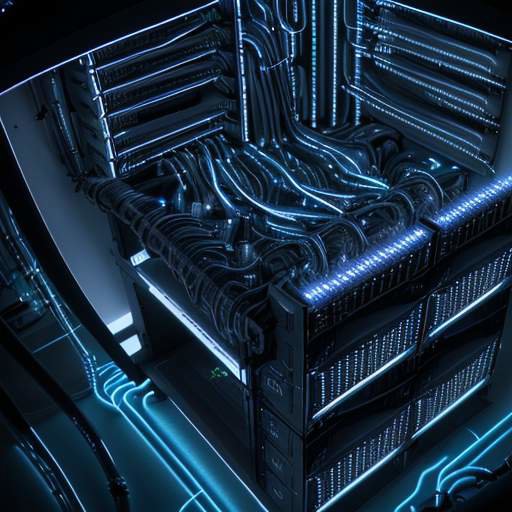 Makroaufnahme von High-Tech-Serverracks in einem Rechenzentrum mit leuchtenden GPU-Komponenten, komplexer Schaltkreise und Kühlleitungen in dramatischer Neonbeleuchtung.