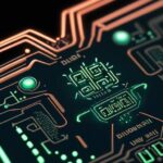 Nahaufnahme einer hochmodernen Platine mit leuchtenden blauen, grünen und roten LEDs vor einem Hintergrund aus Mikrochips und Kupferbahnen.