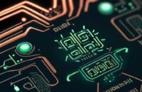 Nahaufnahme einer hochmodernen Platine mit leuchtenden blauen, grünen und roten LEDs vor einem Hintergrund aus Mikrochips und Kupferbahnen.
