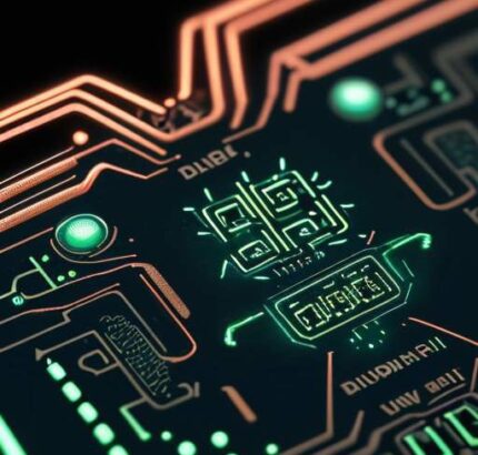 Nahaufnahme einer hochmodernen Platine mit leuchtenden blauen, grünen und roten LEDs vor einem Hintergrund aus Mikrochips und Kupferbahnen.