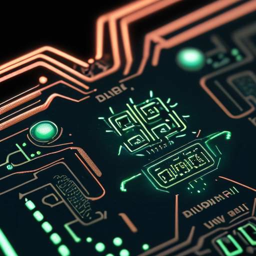 Nahaufnahme einer hochmodernen Platine mit leuchtenden blauen, grünen und roten LEDs vor einem Hintergrund aus Mikrochips und Kupferbahnen.
