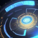Nahaufnahme eines glühenden Silizium-Wafers mit goldenen Schaltkreisen in einem High-Tech-Saal, während Roboterarme im Hintergrund präzise Komponenten bearbeiten.