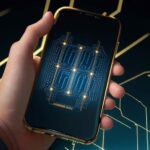 Nahaufnahme eines Smartphone-Displays mit glühenden Mikro-Schaltkreisen, auf denen ein Finger eine goldene Lichtwelle auslöst, um die Kapazitätsänderung bei der Berührung zu visualisieren.