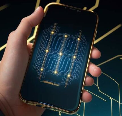 Nahaufnahme eines Smartphone-Displays mit glühenden Mikro-Schaltkreisen, auf denen ein Finger eine goldene Lichtwelle auslöst, um die Kapazitätsänderung bei der Berührung zu visualisieren.