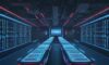 Zukunftsvoller Serverraum mit blauer Beleuchtung, dichten GPU‑Racks, schwebenden Hologramm‑Code‑Streams und zentraler Konsole mit pausiertem neuronalen Netzwerk und roter Warnanzeige.