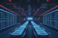 Zukunftsvoller Serverraum mit blauer Beleuchtung, dichten GPU‑Racks, schwebenden Hologramm‑Code‑Streams und zentraler Konsole mit pausiertem neuronalen Netzwerk und roter Warnanzeige.