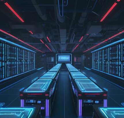 Zukunftsvoller Serverraum mit blauer Beleuchtung, dichten GPU‑Racks, schwebenden Hologramm‑Code‑Streams und zentraler Konsole mit pausiertem neuronalen Netzwerk und roter Warnanzeige.