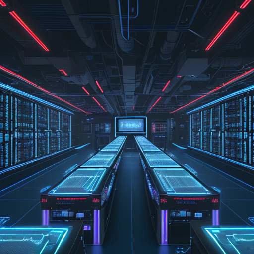 Zukunftsvoller Serverraum mit blauer Beleuchtung, dichten GPU‑Racks, schwebenden Hologramm‑Code‑Streams und zentraler Konsole mit pausiertem neuronalen Netzwerk und roter Warnanzeige.