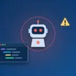 KI-Roboter mit roten Augen im Warnkreis neben Code-Fenster