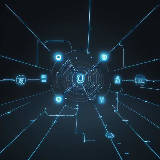 3D-Visualisierung eines digitalen Flussdiagramms mit leuchtenden Linien, die Daten, Risiko und Entscheidungen verbinden, während kleine Roboter-Agenten die Prozesse bearbeiten.