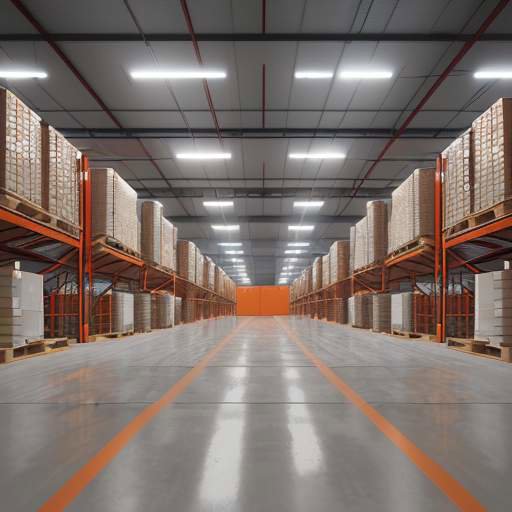 Autonome mobile Roboter (AMRs) transportieren Paletten in einem modernen, gut organisierten Logistikzentrum mit hohen Regalen und einer sauberen Industrie-Ästhetik.