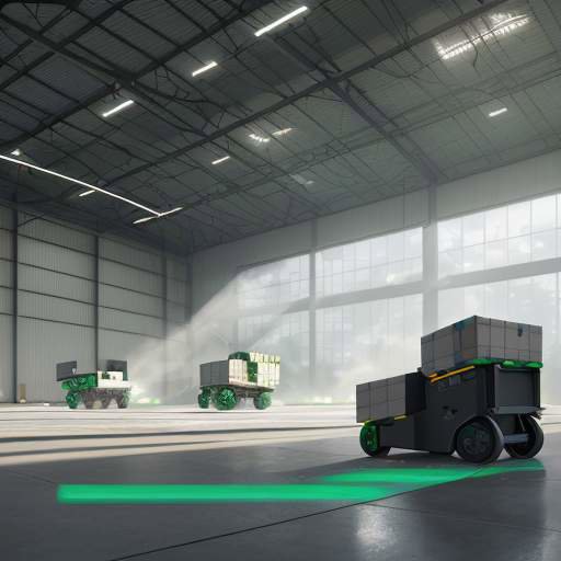Autonome Roboter bewegen Paletten in einem modernen Lagerhaus, wobei ein digitales Overlay grüne Pfade für die KI-gestützte Navigation visualisiert.