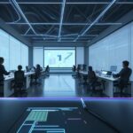 A diverse team of engineers and data scientists collaborate around a glowing holographic neural network display in a modern, high-tech laboratory in Berlin.