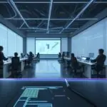 A diverse team of engineers and data scientists collaborate around a glowing holographic neural network display in a modern, high-tech laboratory in Berlin.