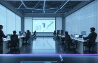 A diverse team of engineers and data scientists collaborate around a glowing holographic neural network display in a modern, high-tech laboratory in Berlin.