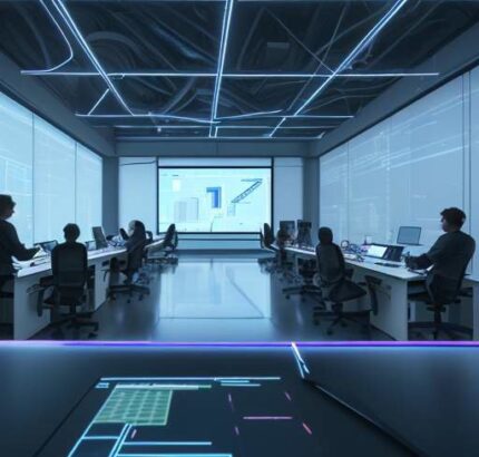 A diverse team of engineers and data scientists collaborate around a glowing holographic neural network display in a modern, high-tech laboratory in Berlin.