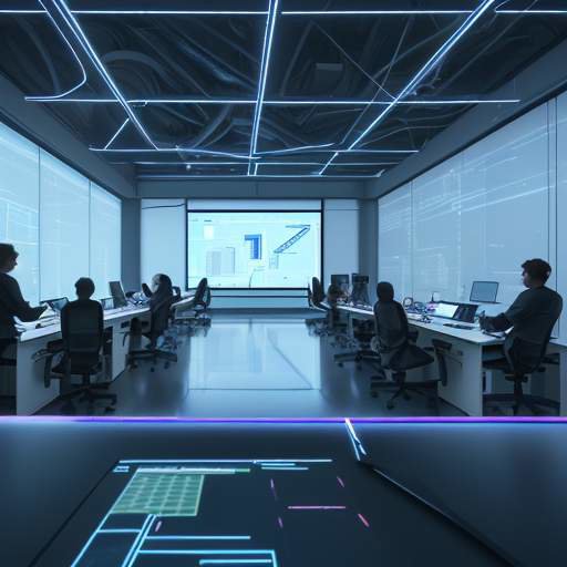 A diverse team of engineers and data scientists collaborate around a glowing holographic neural network display in a modern, high-tech laboratory in Berlin.