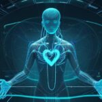Ein Arzt betrachtet ein hochmodernes Hologramm eines menschlichen Herzens, das von digitalen Datenströmen und neuronalen Netzen umgeben ist, um die Früherkennung von Herzrhythmusstörungen zu visualisieren.