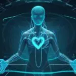 Ein Arzt betrachtet ein hochmodernes Hologramm eines menschlichen Herzens, das von digitalen Datenströmen und neuronalen Netzen umgeben ist, um die Früherkennung von Herzrhythmusstörungen zu visualisieren.