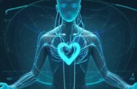 Ein Arzt betrachtet ein hochmodernes Hologramm eines menschlichen Herzens, das von digitalen Datenströmen und neuronalen Netzen umgeben ist, um die Früherkennung von Herzrhythmusstörungen zu visualisieren.