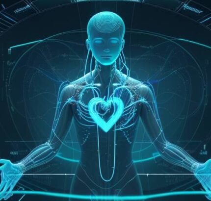 Ein Arzt betrachtet ein hochmodernes Hologramm eines menschlichen Herzens, das von digitalen Datenströmen und neuronalen Netzen umgeben ist, um die Früherkennung von Herzrhythmusstörungen zu visualisieren.