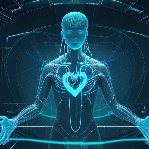 Ein Arzt betrachtet ein hochmodernes Hologramm eines menschlichen Herzens, das von digitalen Datenströmen und neuronalen Netzen umgeben ist, um die Früherkennung von Herzrhythmusstörungen zu visualisieren.