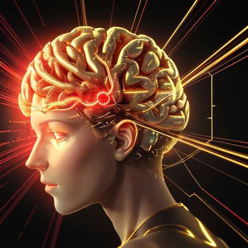 Ein digitaler Kopf aus goldenen Schaltkreisen, wobei eine Hälfte durch eine kristalline Wand geschützt wird, während die andere von roten Lasern gescannt wird, als Symbol für Cybersicherheit und den Schutz geistigen Eigentums.