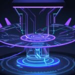 Ein futuristischer Mikrochip auf einem Glaspodest in einem High-Tech-Labor, der durch neonfarbene Lichtpulse die Datenverarbeitung und On-Device-KI symbolisiert.